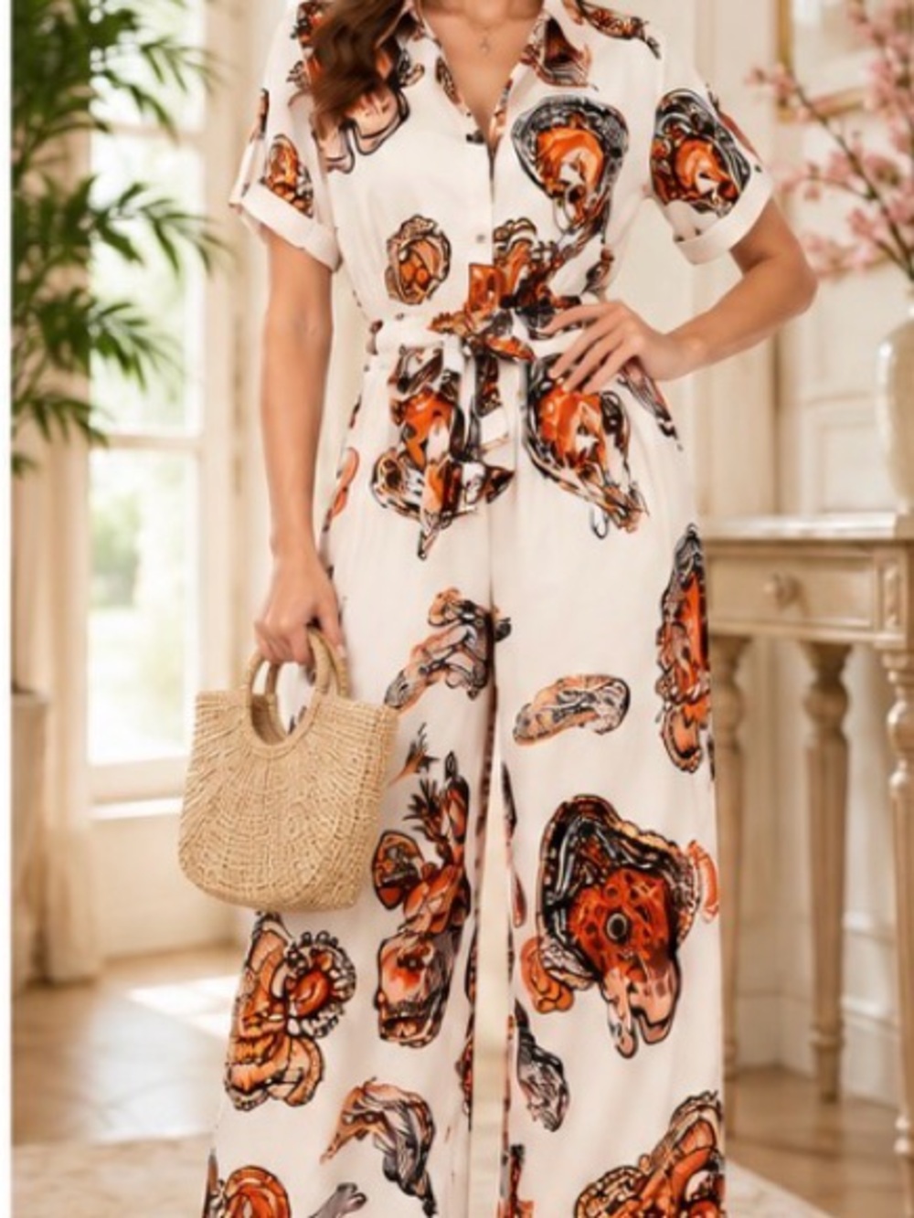 NWOT Halfheart Abstract Floral Button Front Wide Leg Jumpsuit M